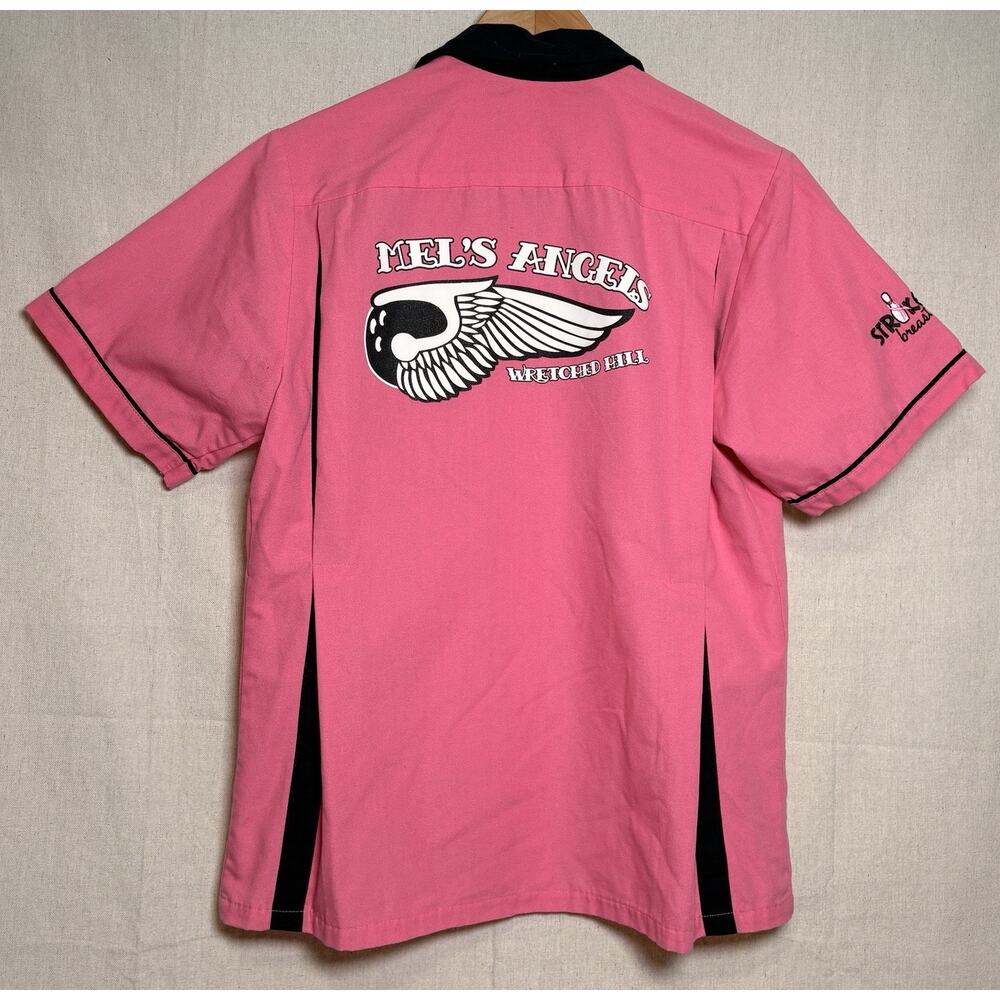 Retro Cruisin USA Bowling Shirt Adult Small Pink Mel’s Angles Bowling Button Top
